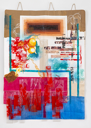 Tomashi Jackson, From Radicalism to Respectability, 2018, Silkscreen, oil, Georgia red clay, and acrylic on canvas and paper, 72 x 50 inches. Courtesy Tilton Gallery.