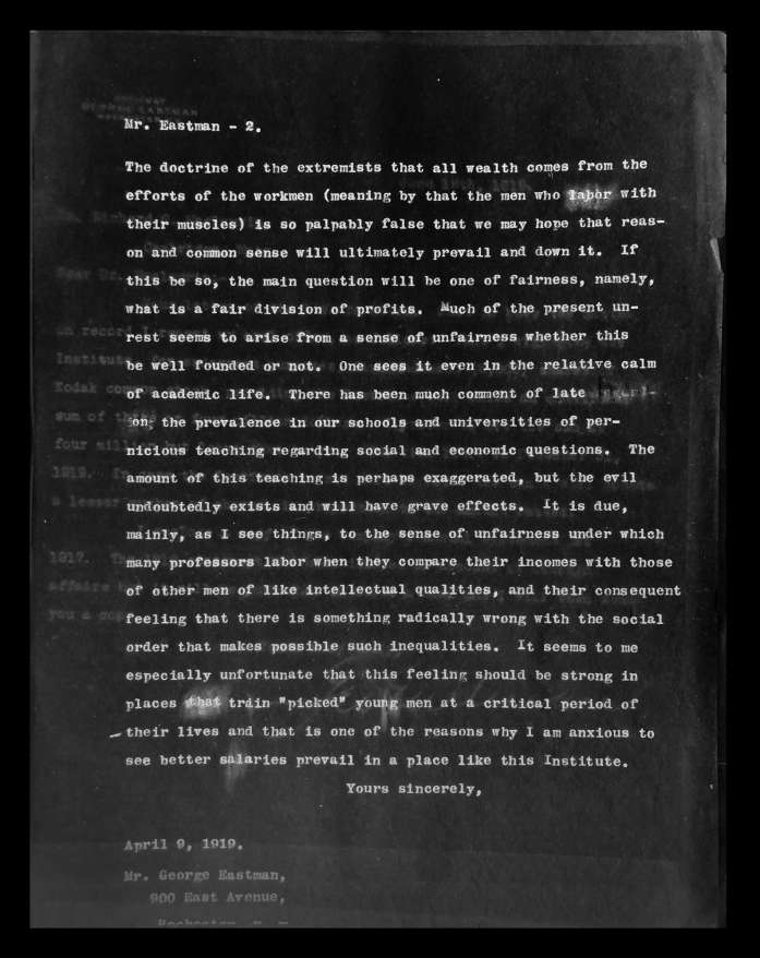 Ryan Aasen, Letter from MIT President Richard Maclaurin to George Eastman, 1919. Laser print, 11″ x 8.5″.