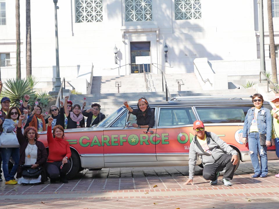 Marisa Morán Jahn, CareForce One at a rally on steps of City Hall, Los Angeles from CareForce One Travelogues, 2016
Courtesy of the artist.
Photo: Marc Shavitz