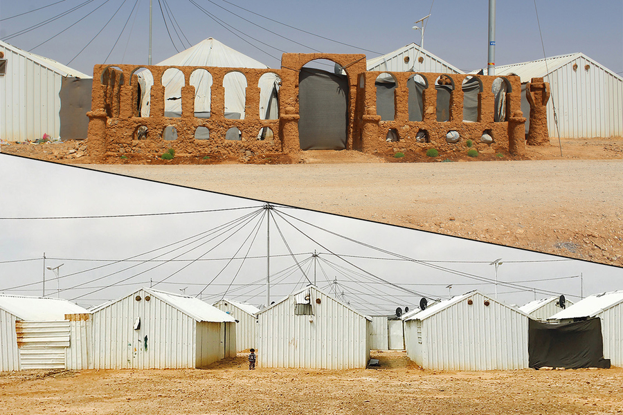 Majid Al-Kanaan undertook a project to combat the visual and existential monotony of life at the Azraq refugee camp in Jordan. Using clay and stones from camp terrain, he built a colonnade of decorative arches in front of his shed. Image courtesy of Azra Akšamija