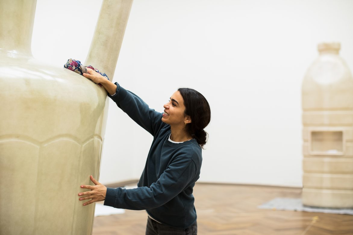 Alia Farid during installation of her solo exhibition In Lieu of What Is, Kunsthalle Basel, 2022. Photo: Nicolas Gysin /
Kunsthalle Basel