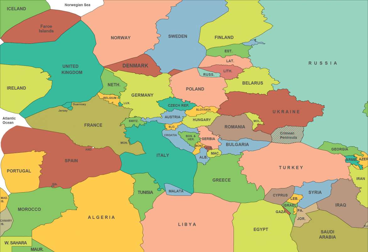 Section of “Territorial Map of the World” by Rafi Segal and Yonatan Cohen, 2013, (updated in 2014 following the annexation of Crimea) showing land and water (submerged land) under nations’ sovereignty and power.