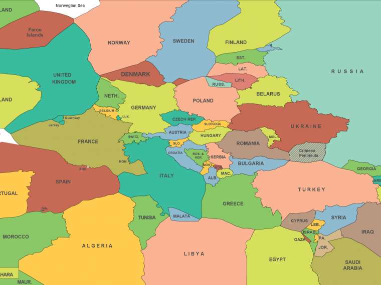 Section of “Territorial Map of the World” by Rafi Segal and Yonatan Cohen, 2013, (updated in 2014 following the annexation of Crimea) showing land and water (submerged land) under nations’ sovereignty and power.