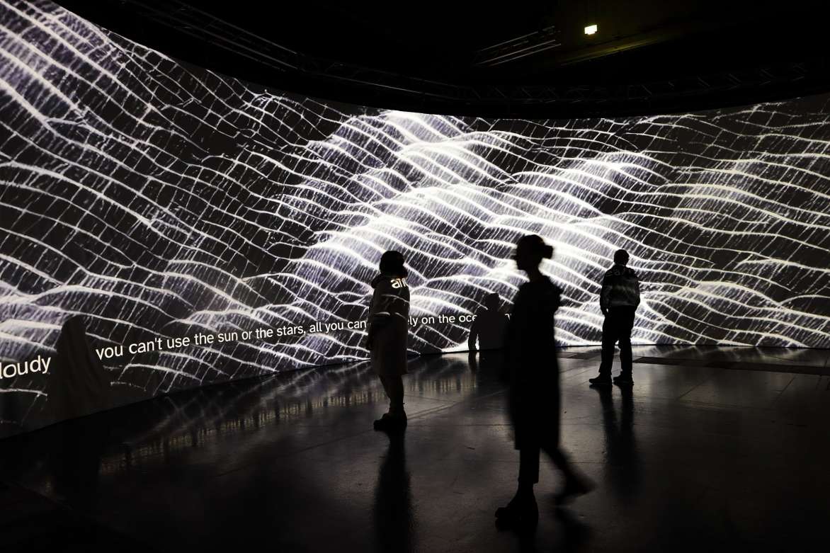 Mobile Pavilion test setup at Messe Graz, Azra Akšamija & Dietmar Offenhuber, “Navigating the Sky”, 2023, photo: Universalmuseum Joanneum/J.J. Kucek